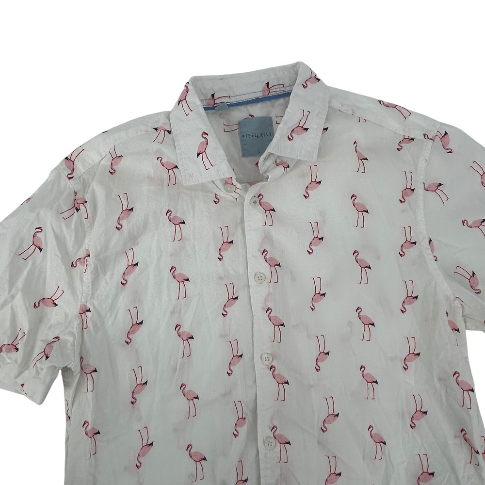 Steel & Jelly Mens White Pink Flamingo Print Short Sleeve Button Up Shirt‎ L